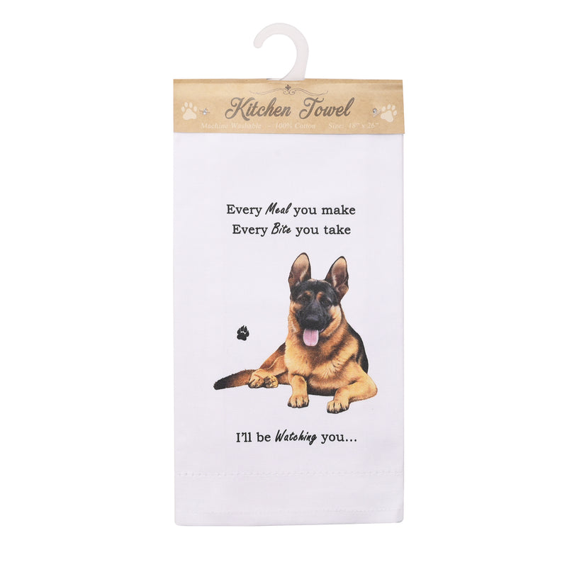 Novelty Tea Towel, with Dog Breed image and 'Watching you' funny wording, quality cotton, 66cm, machine washable (German Shepherd)