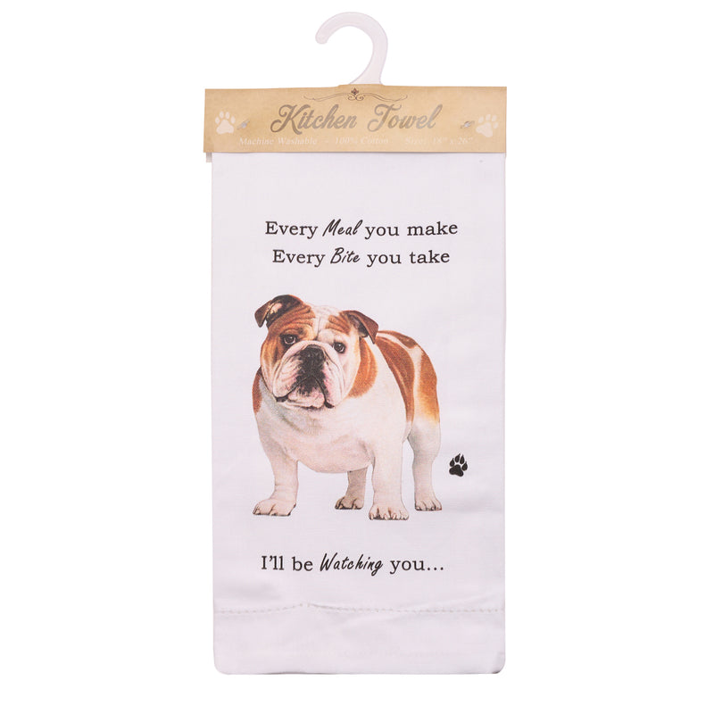 Novelty Tea Towel, with Dog Breed image and 'Watching you' funny wording, quality cotton, 66cm, machine washable (English Bulldog)