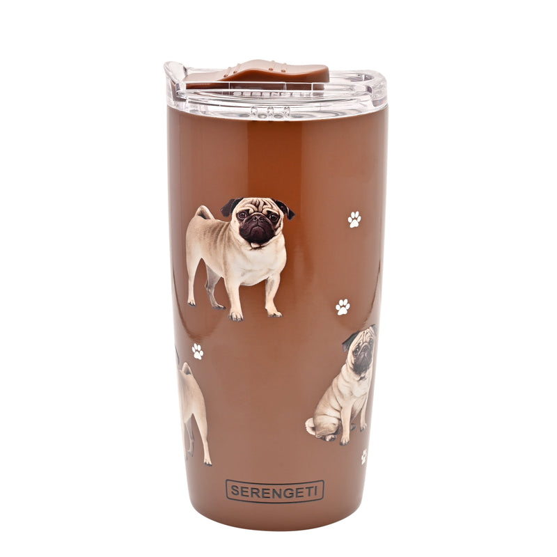 Pug design travel mug vacuum insulated tumbler, Serengeti stainless steel double wall, 20 fl.oz. (591ml.)