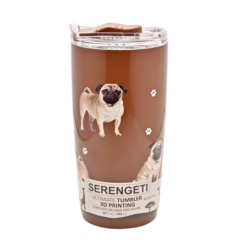 Pug design travel mug vacuum insulated tumbler, Serengeti stainless steel double wall, 20 fl.oz. (591ml.)