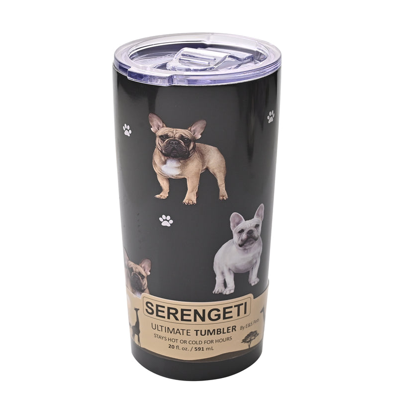 French Bulldog design travel mug vacuum insulated tumbler, Serengeti stainless steel double wall, 20 fl.oz. (591ml.)