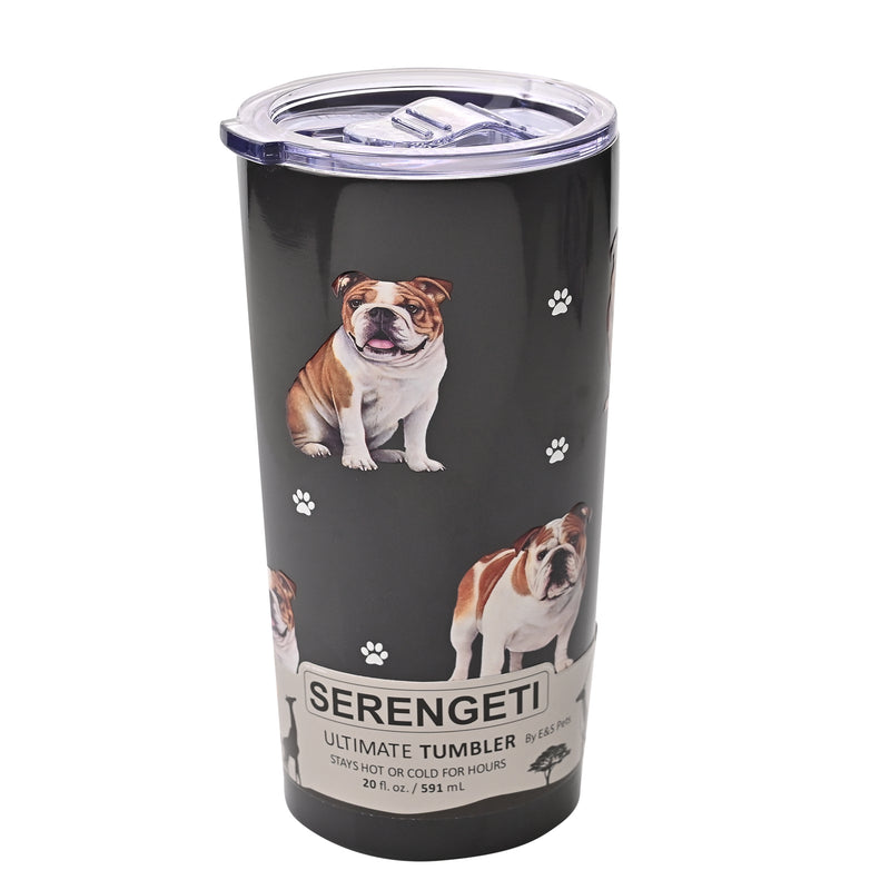 English Bulldog design travel mug vacuum insulated tumbler, Serengeti stainless steel double wall, 20 fl.oz. (591ml.)