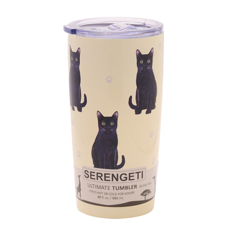 Black Cat design travel mug vacuum insulated tumbler, Serengeti stainless steel double wall, 20 fl.oz. (591ml.)