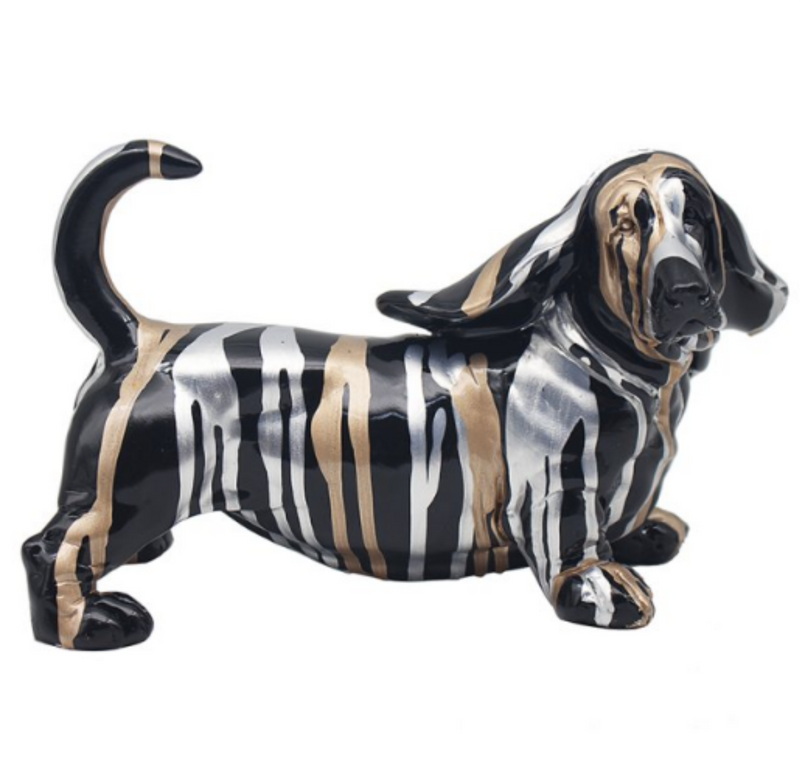 Drip Art Basset Hound standing figurine, black with gold and silver pattern, 28cm