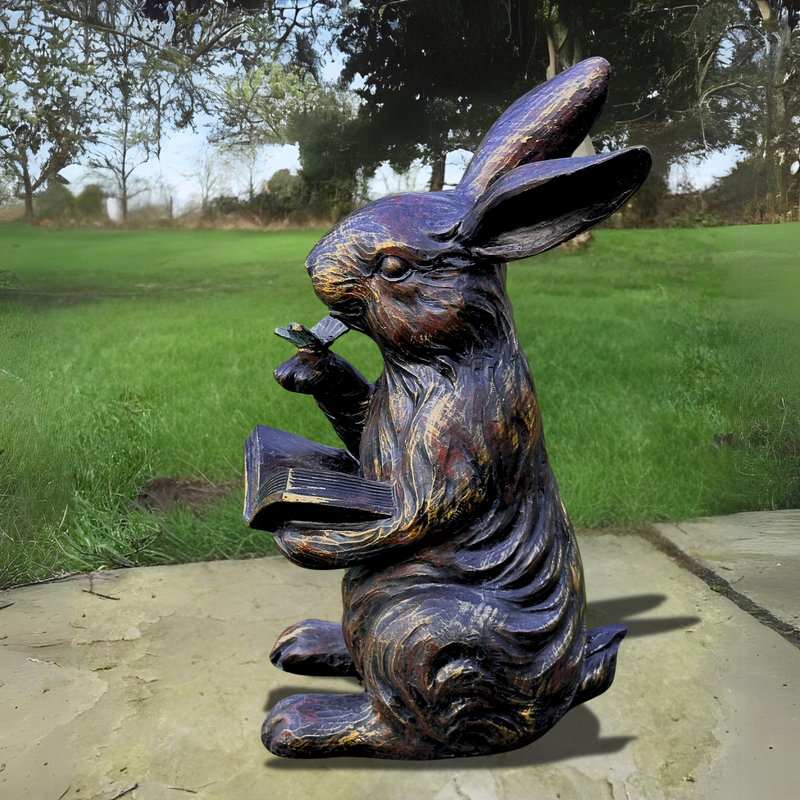 Bronze effect Rabbit Reading a Book figurine, height 23cm, gift boxed