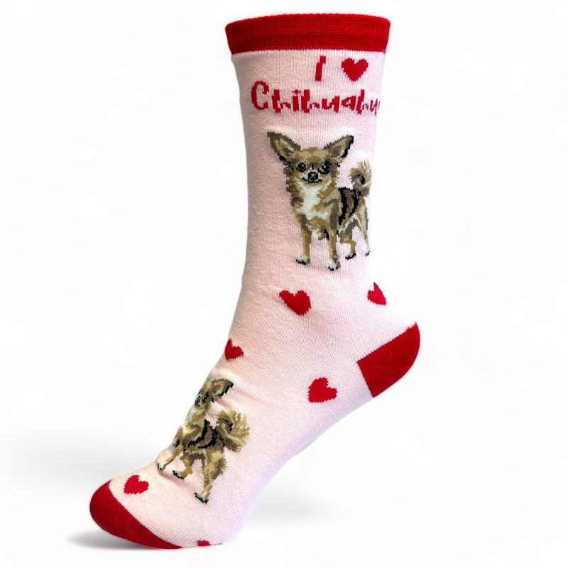 Ladies Chihuahua LOVE DOGS socks with cute dog image and hearts design, one size, quality cotton mix, novelty dog lover gift