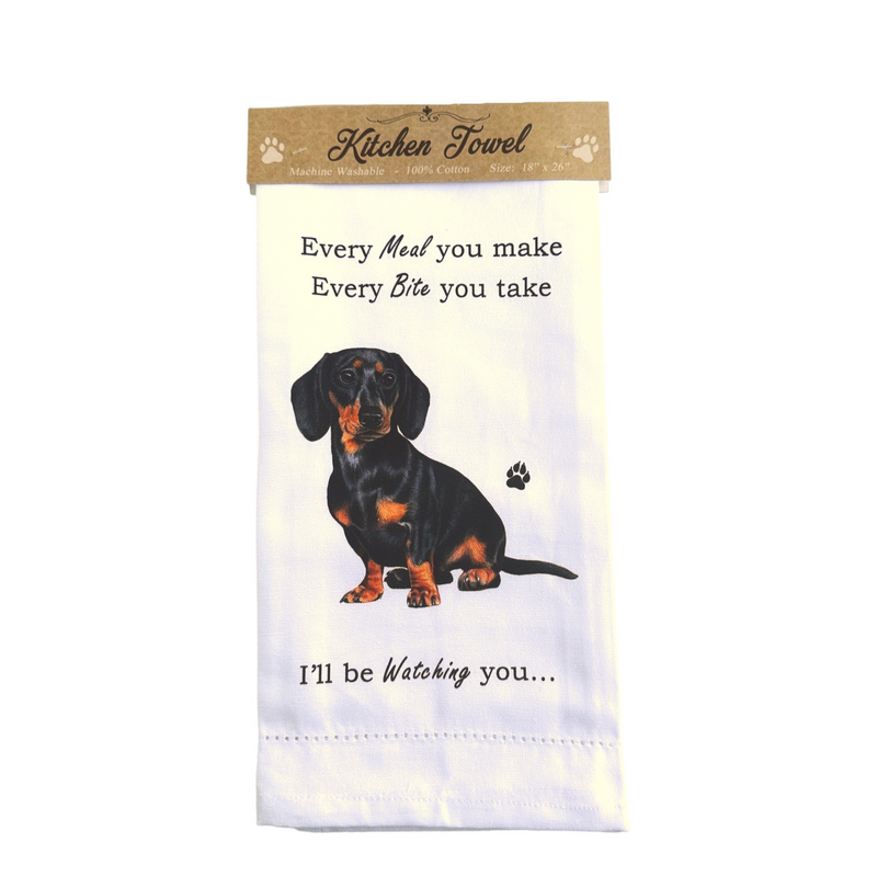 Novelty Tea Towel, with Dog Breed image and 'Watching you' funny wording, quality cotton, 66cm, machine washable (Dachshund)