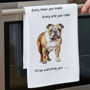 'Love Dogs' Dog breeds Tea Towel, with 'Watching you' funny wording, 100% cotton (English Bulldog)