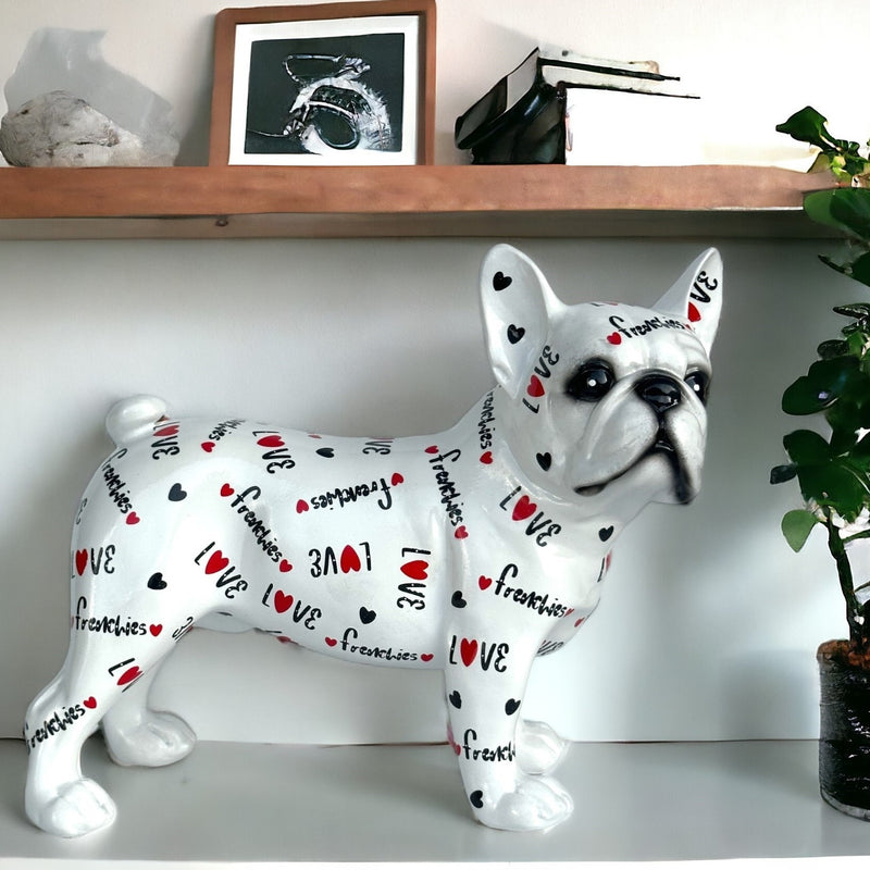 LOVE DOGS French Bulldog figurine, Love Frenchies text & hearts design, 24cm