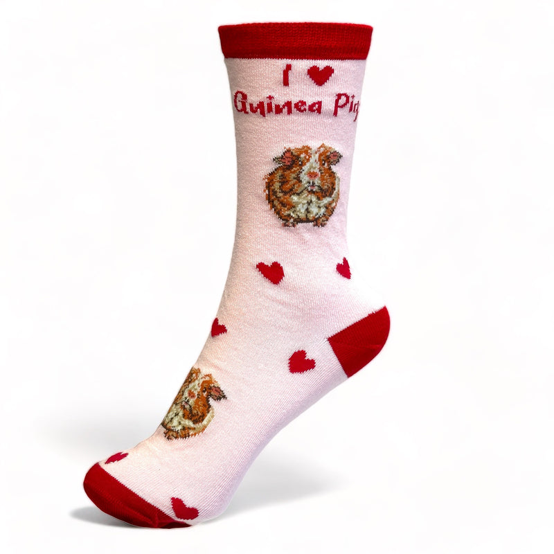 Ladies/Girls Guinea Pig socks, cute Guinea Pig image, I Love Guinea Pigs text and hearts design, one size, quality cotton mix