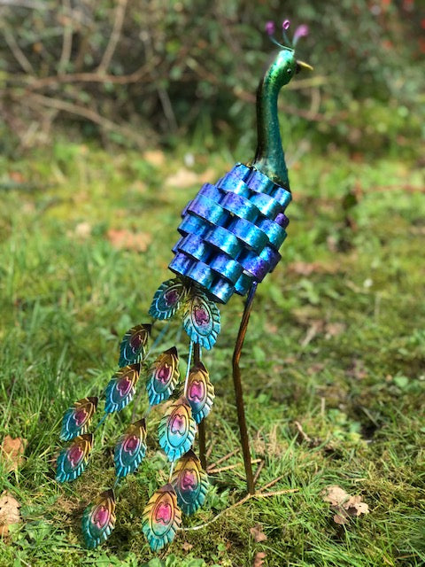 Maxine Peacock garden ornament sculpture, bright shiny colourful painted metal