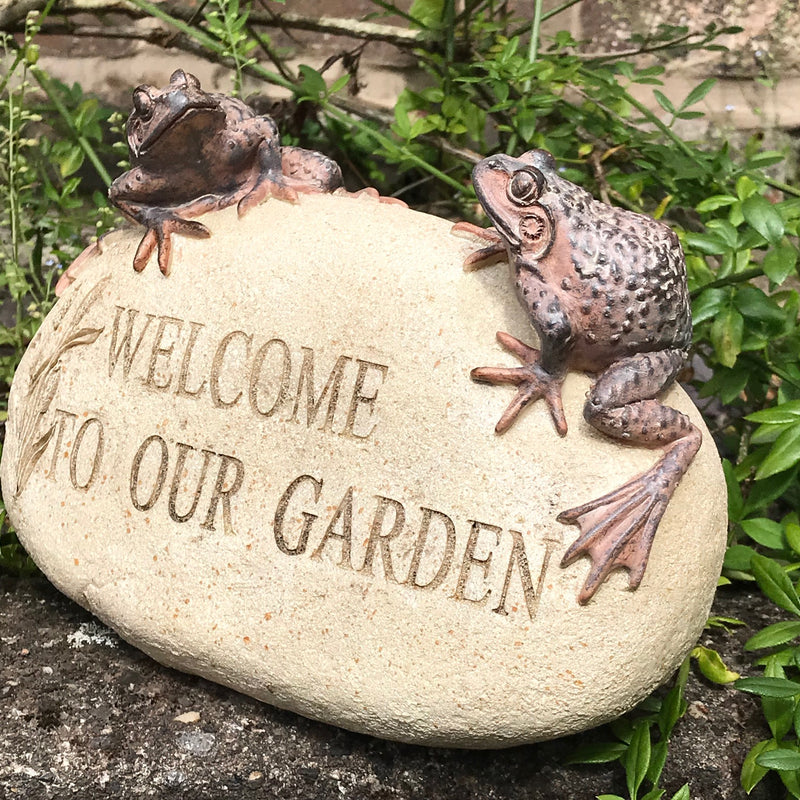 'WELCOME TO OUR GARDEN' stone effect garden or pond ornament, Frog lover gift