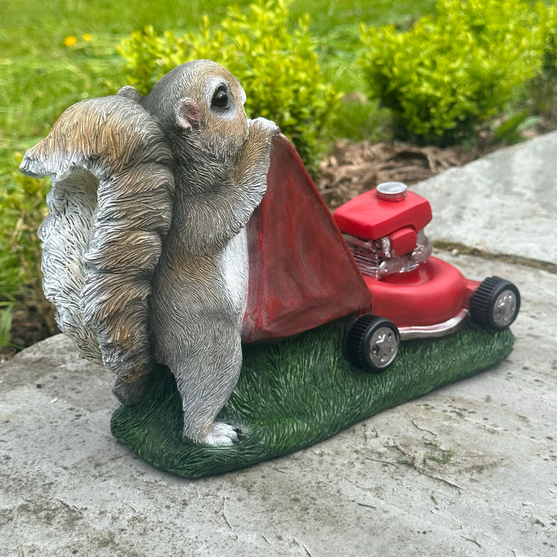 Squirrel lawnmower grass cutter ornament garden decor