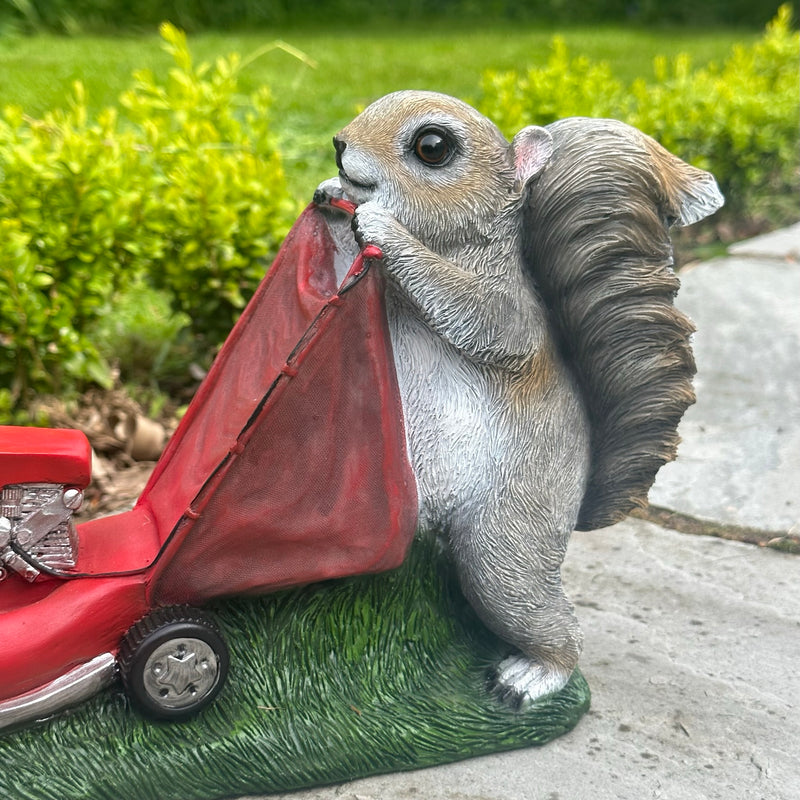 Squirrel lawnmower grass cutter ornament garden decor