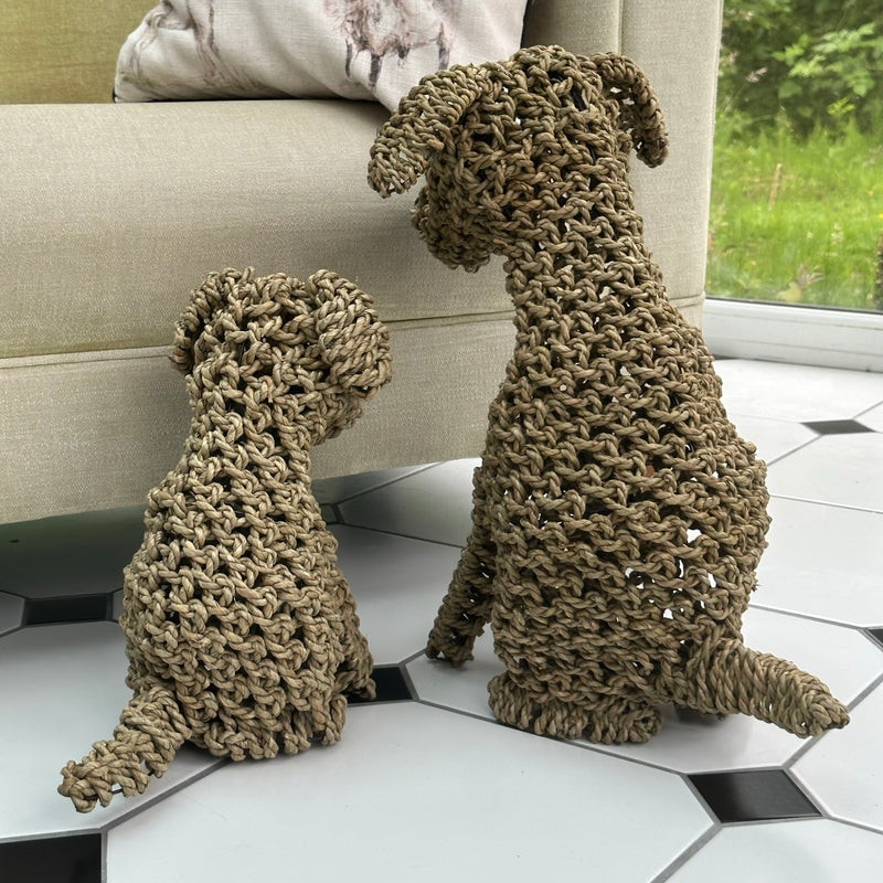 Natural Seagrass Dog figurines, natural weave on metal frame, choice of 2 sizes