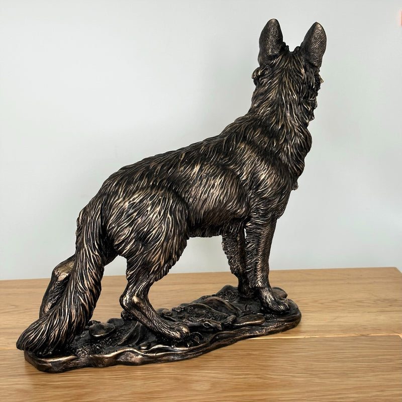 Heavy weight dark bronze effect German Shepherd Dog figurine, 26cm long