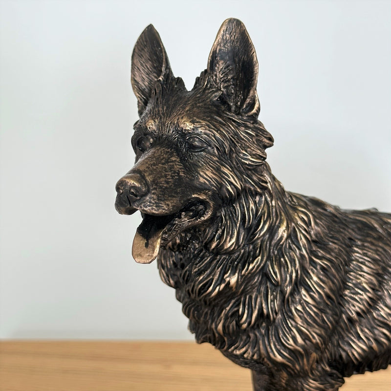 Heavy weight dark bronze effect German Shepherd Dog figurine, 26cm long