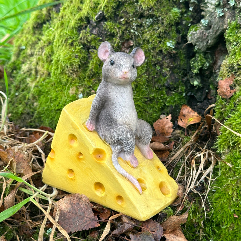 Mouse on cheese wedge fairy woodland garden ornament, mice lover gift