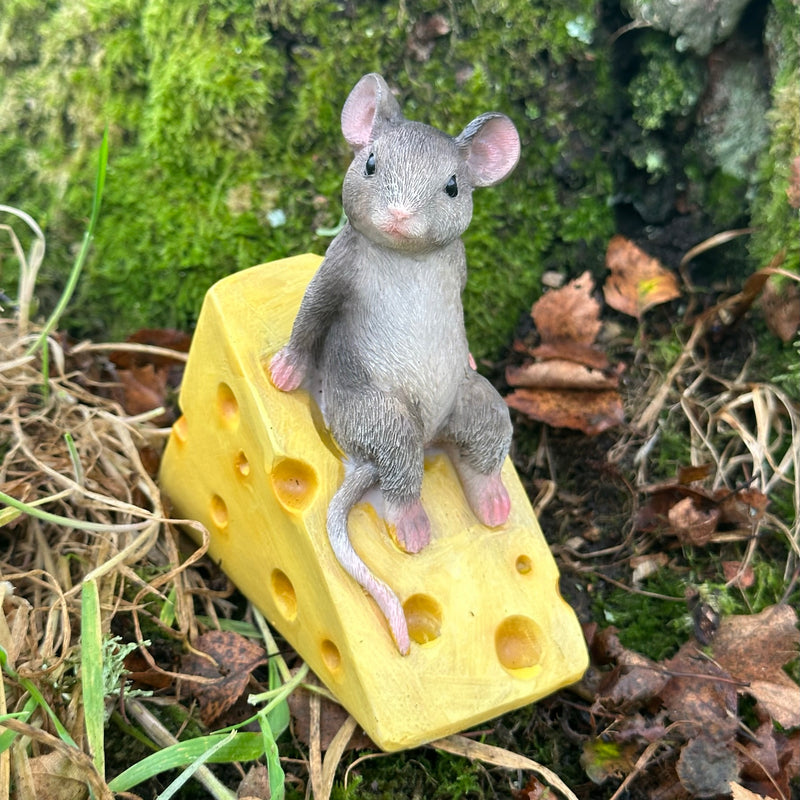 Mouse on cheese wedge fairy woodland garden ornament, mice lover gift