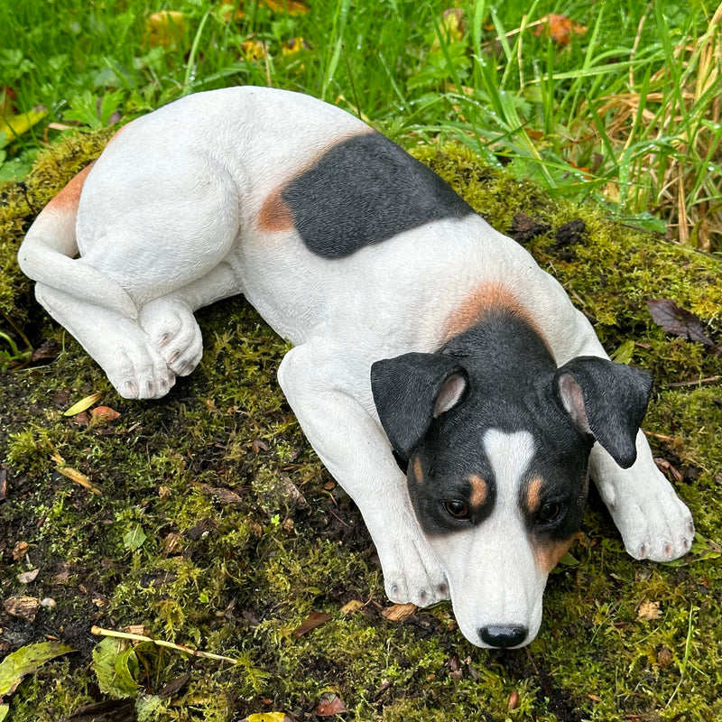 Jack Russell laying figurine, large 46cm ornament, idea memorial, grave marker or garden decoration