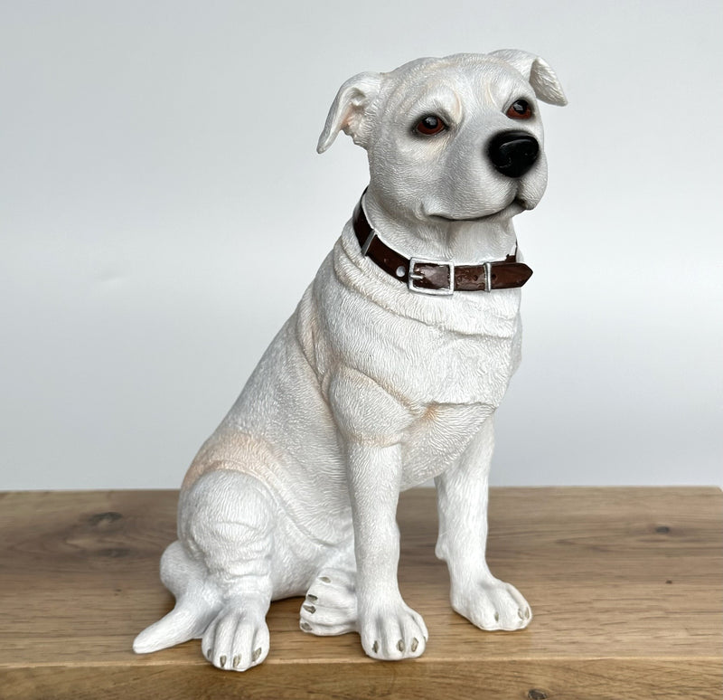 White sitting Staffordshire Bull Terrier ornament 18cm high, Leonardo range, gift boxed