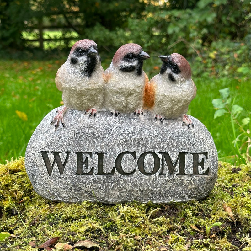 WELCOME Birds (Finches) sign garden or patio decoration, stone effect, garden bird lover gift