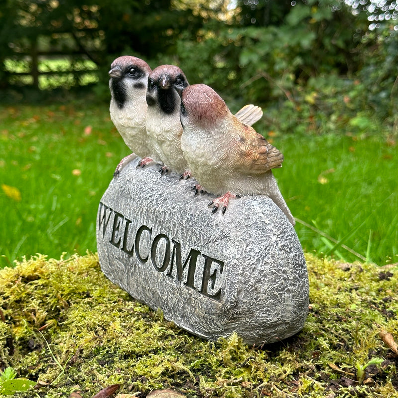 WELCOME Birds (Finches) sign garden or patio decoration, stone effect, garden bird lover gift