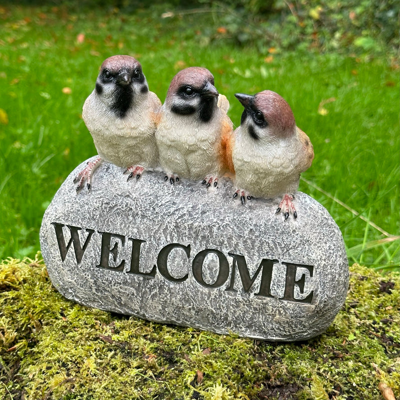 WELCOME Birds (Finches) sign garden or patio decoration, stone effect, garden bird lover gift