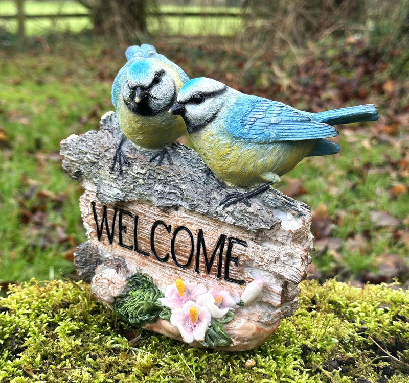 WELCOME Birds (Blue Tits) garden sign, stone effect, garden bird lover gift