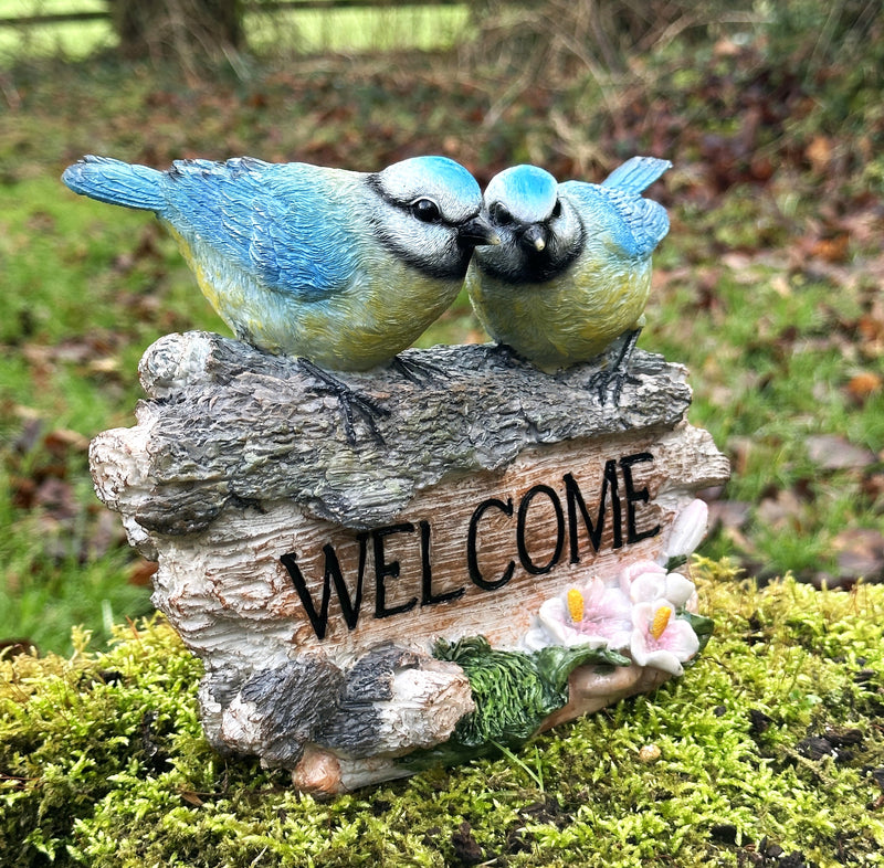 WELCOME Birds (Blue Tits) garden sign, stone effect, garden bird lover gift