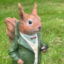Mr Squirrel figurine ornament dressed in suit and holding stop watch garden decoration
