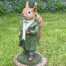 Mr Squirrel figurine ornament dressed in suit and holding stop watch garden decoration