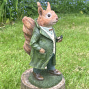 Mr Squirrel figurine ornament dressed in suit and holding stop watch garden decoration