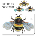3 x 30cm mixed colour metal Bumble Bees, bright colour garden decoration
