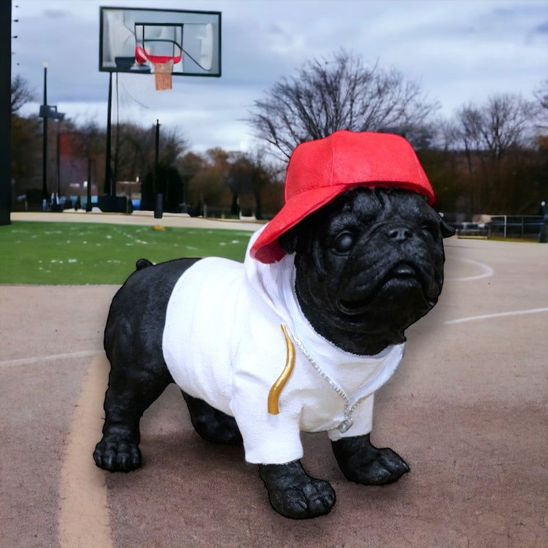 Black Pug in Cap & Hoodie figurine, novelty Pug lover decoration