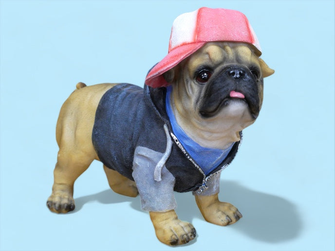 Beige Pug in Cap & Hoodie figurine, novelty Pug lover decoration