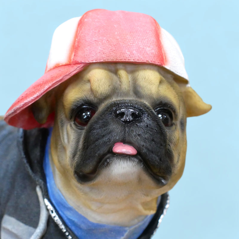 Beige Pug in Cap & Hoodie figurine, novelty Pug lover decoration