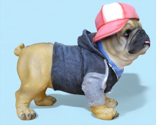 Beige Pug in Cap & Hoodie figurine, novelty Pug lover decoration
