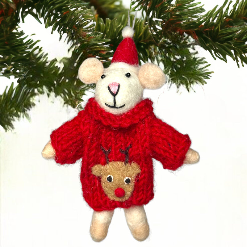 Felt Mouse in Red hand knitted & embroidered Rudolf jumper hanging Christmas tree decoration
