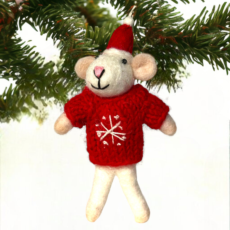 Felt Mouse in Red hand knitted & embroidered Snowflake jumper hanging Christmas tree decoration