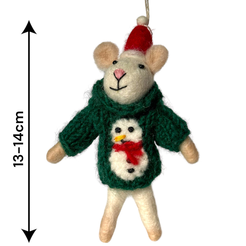 Felt Mouse in hand knit jumper with embroidered snowman hanging Christmas tree decoration, fabulous mouse lover gift, 100% plastic free