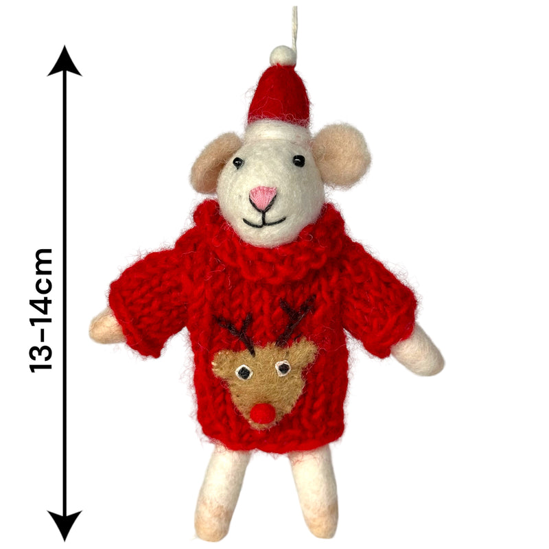 Felt Mouse in Red hand knitted & embroidered Rudolf jumper hanging Christmas tree decoration