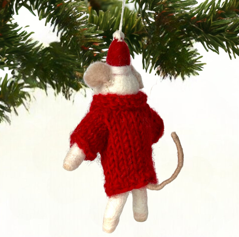 Felt Mouse in Red hand knitted & embroidered Rudolf jumper hanging Christmas tree decoration