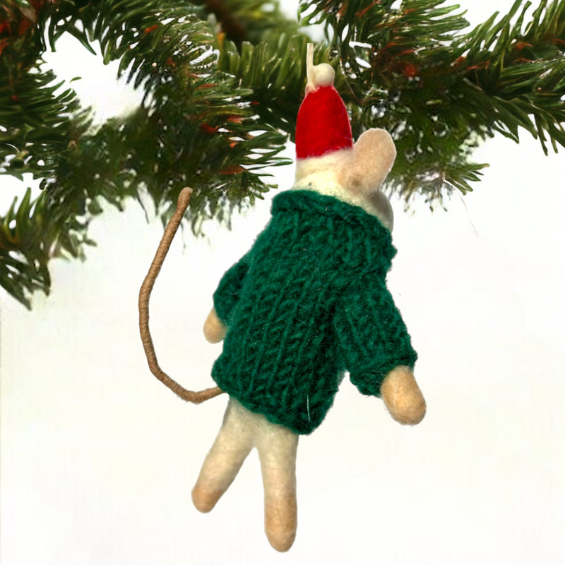 Felt Mouse in hand knit jumper with embroidered snowman hanging Christmas tree decoration, fabulous mouse lover gift, 100% plastic free