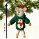 Felt Mouse in hand knit jumper with embroidered snowman hanging Christmas tree decoration, fabulous mouse lover gift, 100% plastic free