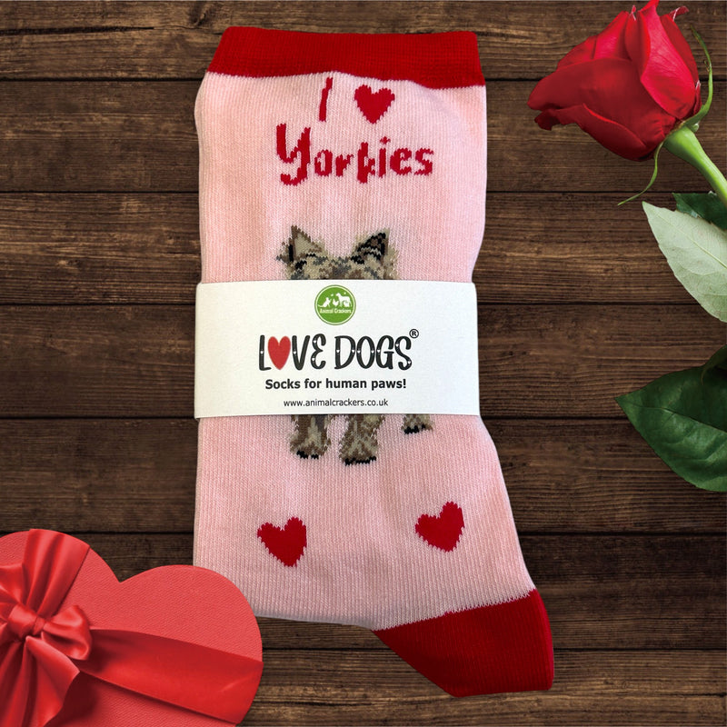 Ladies Yorkshire Terrier LOVE DOGS socks with cute dog image and hearts design, one size, quality cotton mix, novelty dog lover gift