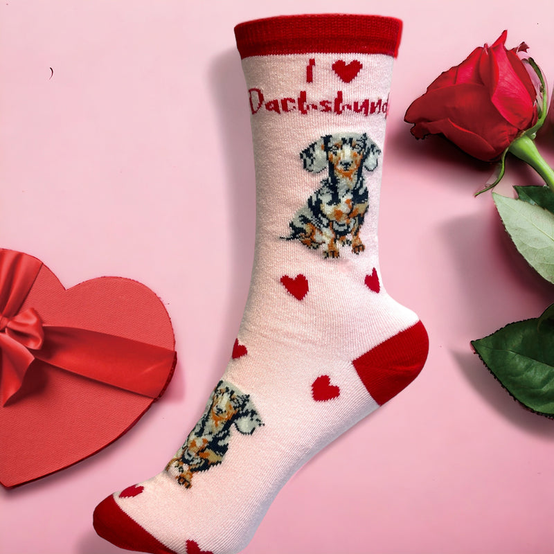 Ladies Dachshund LOVE DOGS socks with cute dog image and hearts design, one size, quality cotton mix, novelty dog lover gift