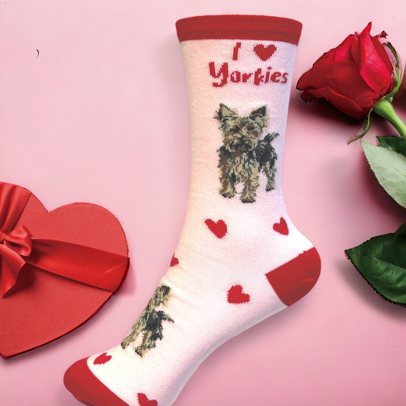 Ladies Yorkshire Terrier LOVE DOGS socks with cute dog image and hearts design, one size, quality cotton mix, novelty dog lover gift