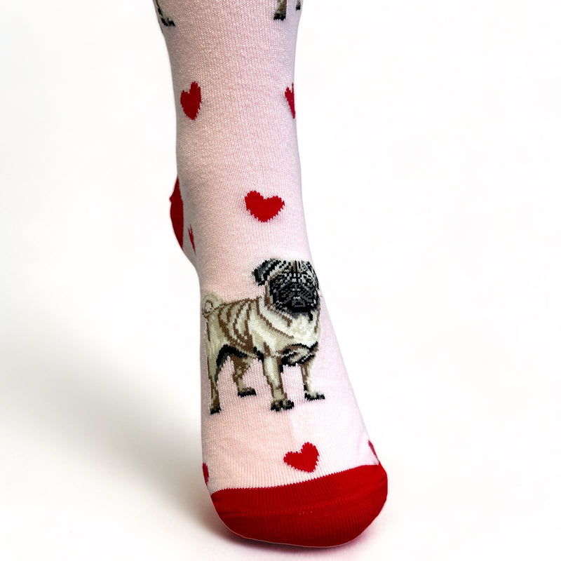 Ladies Pug LOVE DOGS socks with cute dog image and hearts design, one size, quality cotton mix, novelty dog lover gift