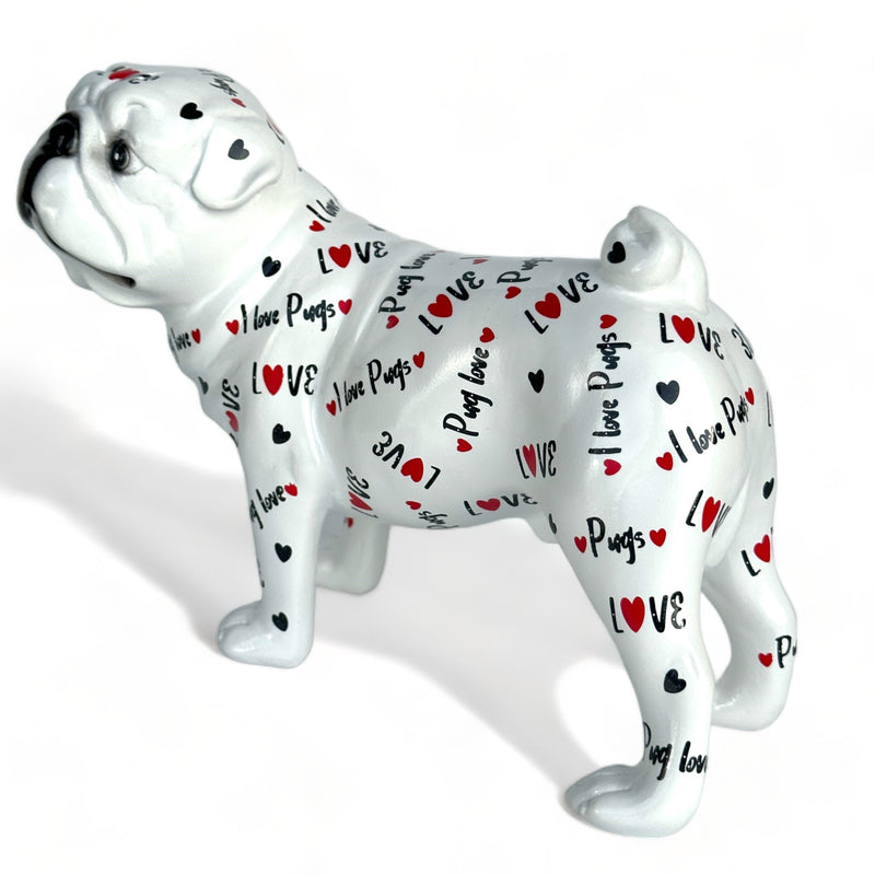 LOVE DOGS Pug figurine, Love Pugs text & hearts design, 23cm